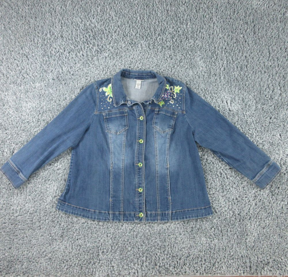 Catherines Jacket Womens 1X Blue Custom Art Hand Painted Denim Long Sleeve
